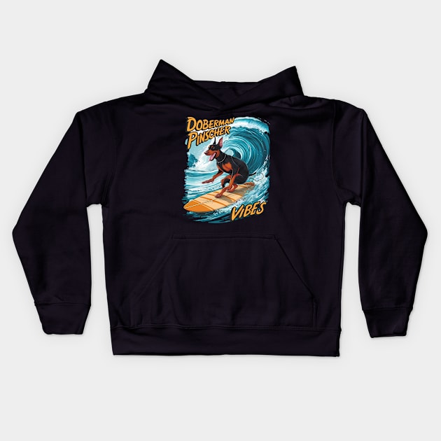 Doberman Pinscher Surfer Riding Tropical Wave Kids Hoodie by coollooks